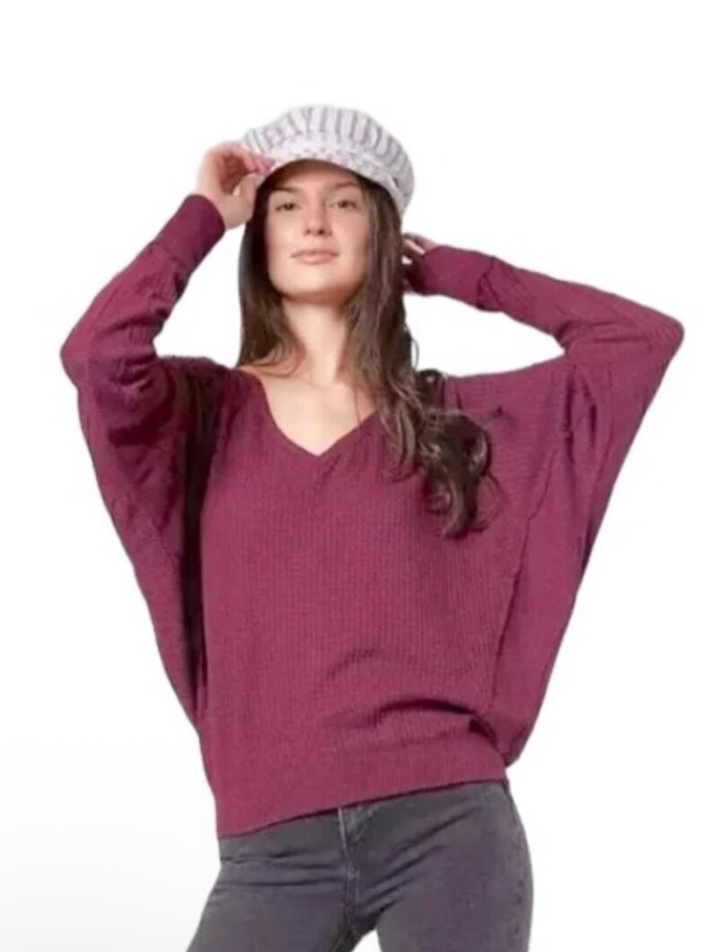 Free people Santa Clara Thermal Top Waffle Texture V-neck- Mulberry NWT Med